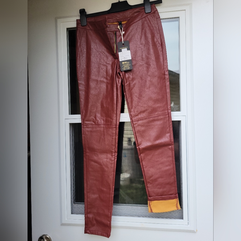HAODUOYI Burnt Orange Faux Leather Pants